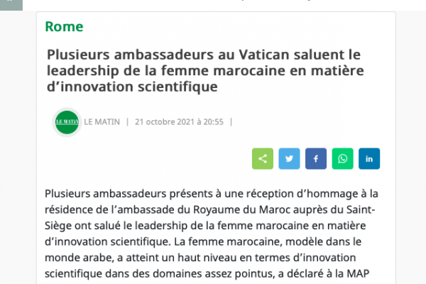 Plusieurs ambassadeurs au Vatican saluent le leadership de la femme marocaine en matière d’innovation scientifique